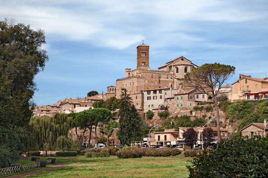 Sutri, Viterbo, Lazio, Italy: landscape of the park and the ancient city with the cathedral above