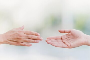 Fototapeta premium two diverse hands reaching towards each other against soft blurred backdrop showcasing beauty of human connection and