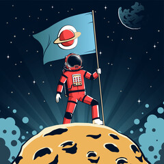 An astronaut proudly holds a flag while standing on an asteroid. Starry sky and a distant planet, creating a cosmic atmosphere. Vector retro comics style