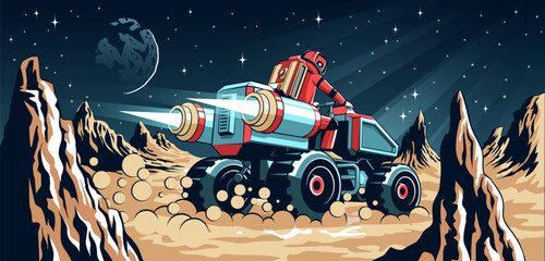 Space explorer drives a futuristic vehicle across a rocky alien landscape under a starry sky. Vector comics style