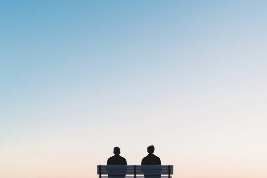 two people sitting on blank bench facing away from viewer under clear sky with vast open space around them and ample