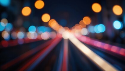 Dynamic nighttime urban scene city streets blurred lights vibrant energies perspective view motion and movement concept for visual impact