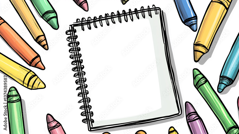 Poster spiral notebook mockup surrounded by colorful crayons on white background, showcasing blank space fo