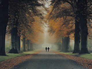 The autumn scene in a beautifully decorated garden: A shady path leading to a magnificent mansion is lined with trees on both sides, and people are strolling along this path.