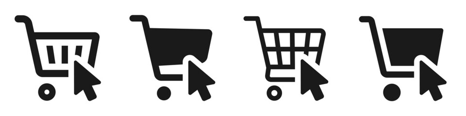 Shopping cart with mouse click cursor icons set. Shopping basket icon collection. Shopping cart line and flat icon. Internet shop symbol. Web store shopping cart - stock vector.