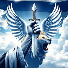 Lion,angel,wallpaper,design,blue,wing,flag