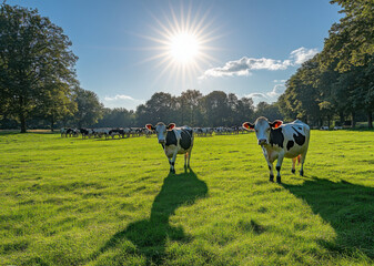 In the background, under a serene and peaceful sunlight, the sun shines brightly above, trees are lined up along the horizon, and a herd of cows are grazing leisurely