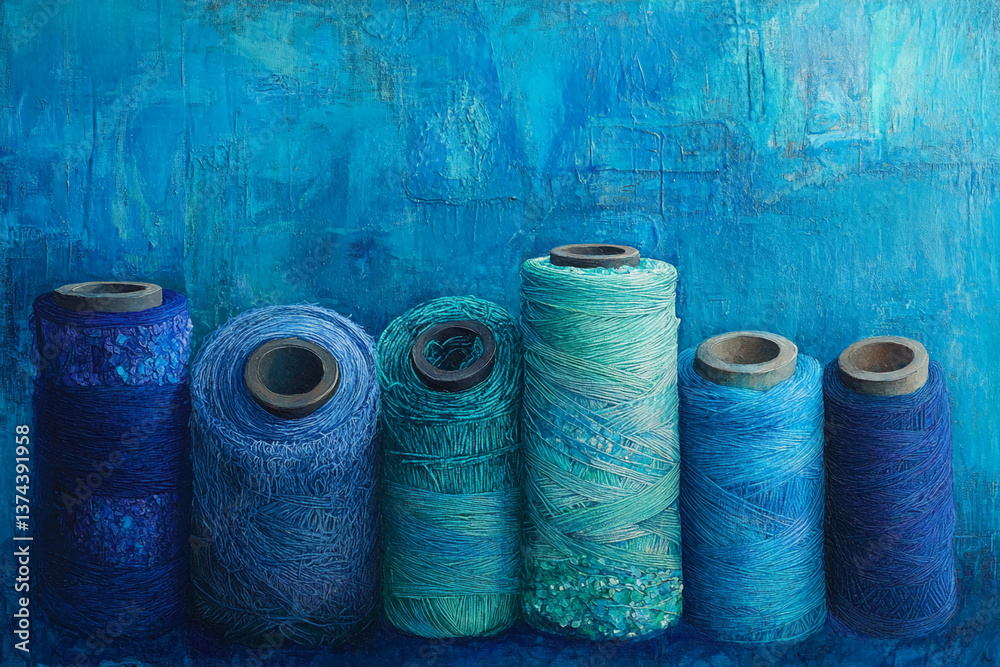 Poster close-up of spools of blue thread against a textured blue background, showcasing a gradient of shade