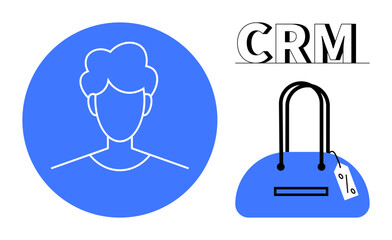 User profile avatar within a blue circle, CRM text above, and a blue shopping bag with a price tag. Ideal for e-commerce, marketing, retail management, branding, customer service, online shopping