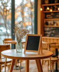 Cafe table setting with chalkboard for menu or special promotion display