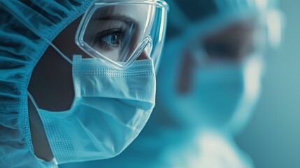 A close-up view of a female surgeon wearing a mask and special glasses, focused on the surgery ahead.