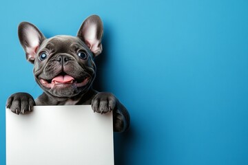 Studio sign photo idea. Isolated baby animal on a solid uniform blue background. Cute baby animal hold in front paws a design draft - large white zoo sign. Animal at center frame.