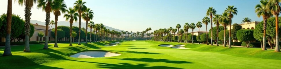 Mature palm trees lining a meticulously manicured Mexican golf hole , vacation, trees, greens