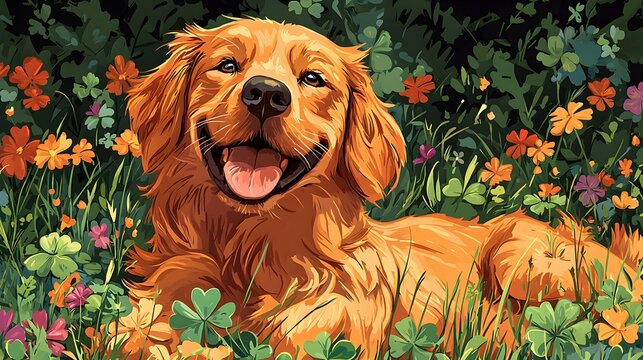 Happy Golden Retriever in a Flower Meadow