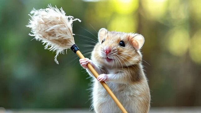 A hamster holding a feather duster for housekeeping. digital