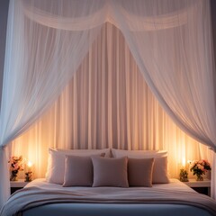 Romantic bedroom with sheer canopy drapes, candle-lit ambiance, and soft floral decor