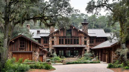 Luxury home exterior with trees, manicured lawn, and serene, overcast background, for real estate