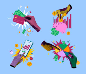 Fototapeta premium Financial and Banking Services Concept with Collage Elements Realistic Halftone Dotted Human Hands Set. Vector illustration