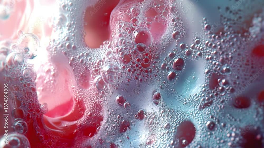 Aufkleber Dynamic digital animation of bubbles floating in a thick pink and blue substance. The elements change shape smoothly, creating a sense of organic movement. A futuristic style of digital art