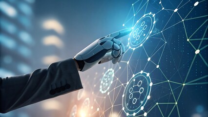 Robot Hand Interacting with Futuristic Network Interface, Representing Automation, Modern Technology, and Digital Connectivity in a High-Tech Environment.