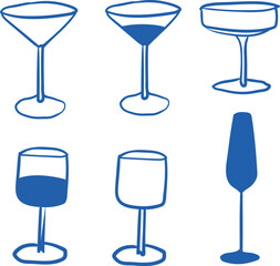Vector hand-drawn collection of glasses with drinks in blue color