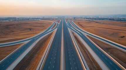 A wide aerial view of a highway intersection surrounded by golden fields under a serene sky at sunset.