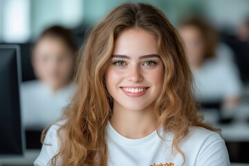 Fototapeta premium Female student conducting research in university lab environment with multiple computers and classmates