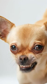 Petite chihuahua displaying aggressive behavior with bared teeth, standing against pristine white background, showcasing defensive canine attitude