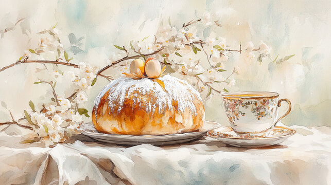 Watercolor illustration of a Russian Easter Kulich with a cup of tea, gentle pastel colors, soft lighting, cozy and festive ambiance, delicate details, springtime mood 