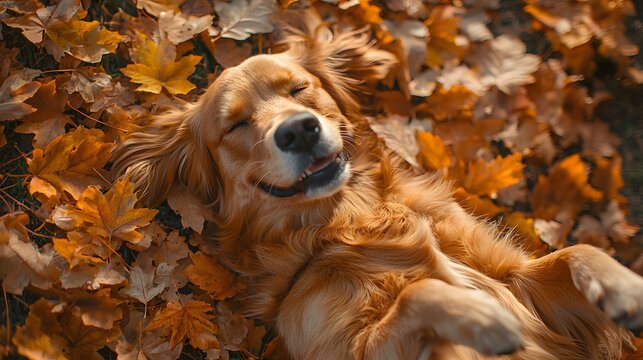 Happy Golden Retriever in Autumn Leaves