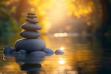 Obraz premium Zen Rock Stack by Tranquil River – Serene Nature & Balanced Stones in Golden Sunlight