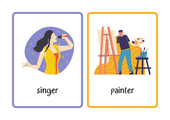 Flash Card In the category of occupations and places.Training reading and observation skills for children.