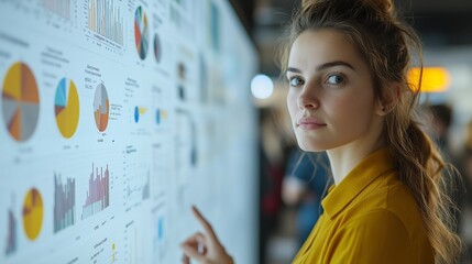 Businesswoman pointing at interactive whiteboard analyzing financial charts and graphs