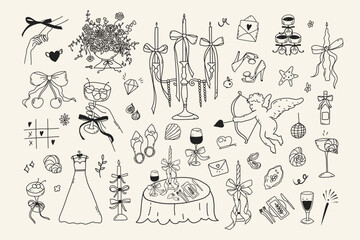 Set of line art wedding icon isolated. Whimsical coquette trendy hand drawn valentine doodle sketch. Vintage amore angel quirky bow, party menu, dinner card. Vector outline illustration