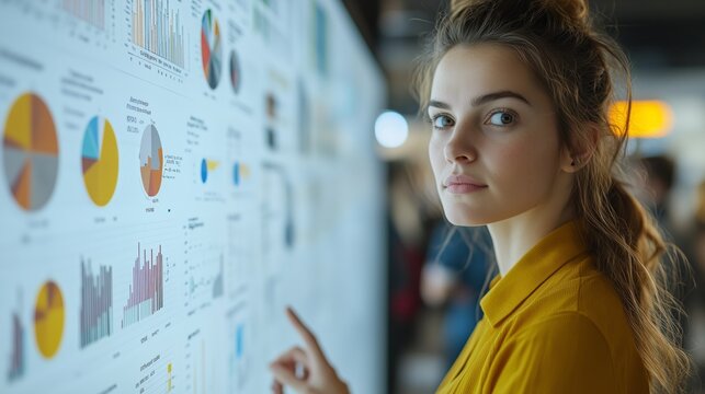 Businesswoman pointing at interactive whiteboard analyzing financial charts and graphs