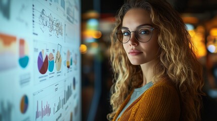 Businesswoman analyzing graphs and charts projected on interactive whiteboard