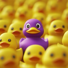 Anatra giocattolo viola unica tra tante gialle. Concetto del distinguersi dalla massa,  di individualità e concetto di differenza. 