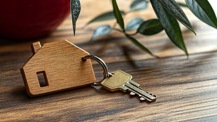 A single house key resting beside a minimalist keychain. digital