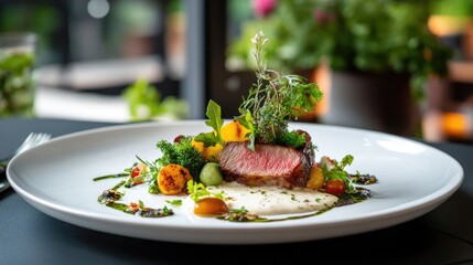 Elegant Fine Dining Plate with Fresh Vegetables and Grilled Meat