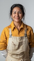 Fototapeta premium Confident hispanic woman wearing work overalls smiling on white background