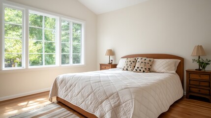 Fototapeta premium Country-style bedroom with warm quilted bedding, antique nightstands, and large windows