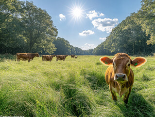 In the background, under a serene and peaceful sunlight, the sun shines brightly above, trees are lined up along the horizon, and a herd of cows are grazing leisurely