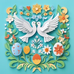 Obraz premium Paper cut style Easter doves and floral decorations with colorful eggs on blue background