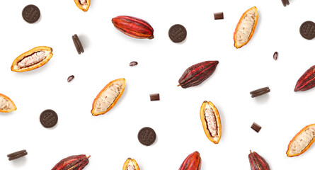 Creative layout made of cocoa fruit, chocolate, chocolate bar, chocolate beans and cookies on the white background. Flat lay. Food concept.
