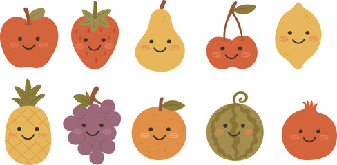 Colorful cute fruit vector set with happy faces in kawaii style, perfect for kids learning tools, activity sheets, or clipart design featuring apple, orange, grape, pear, and tropical fruits