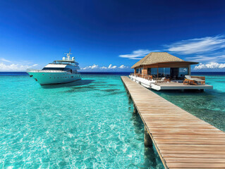 beautiful and charming tropical island, with clear and deep blue sea water, white and fine sandy beaches, and a wooden dock leading to the floating cabins. A luxurious yacht is moored near the dock.