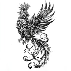 Fototapeta premium bird, phoenix, tattoo style, eagle, vector, tattoo, illustration, wings, wing, animal, feather, angel, design, silhouette, art, black, flying, symbol, drawing, nature, head, wild, fly, wildlife, triba