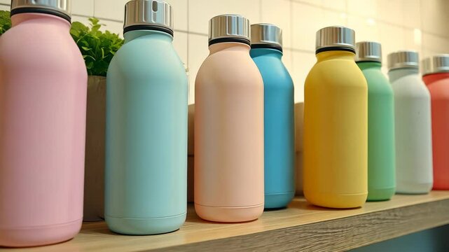 A row of pastel-colored reusable water bottles lined up on a shelf. digital