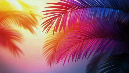Vibrant Tropical Leaves Illuminated by Colorful Lights at Dusk in a Serene Environment
