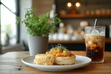 Delicious breakfast with crumpets, fruit and iced coffee enjoying morning sunlight in a cafe